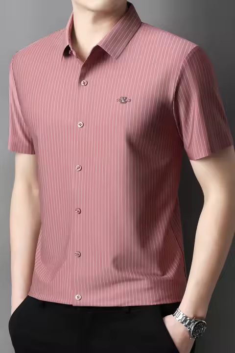 25 Nuevo verano Anti arrugas Casual Polo Business Camisa de manga corta a rayas verticales para hombres - 1