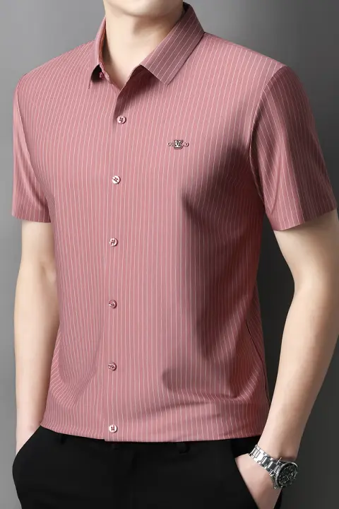 25 Nuevo verano Anti arrugas Casual Polo Business Camisa de manga corta a rayas verticales para hombres - 1