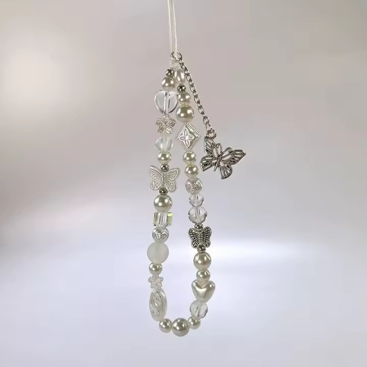 Llavero con cuentas de mariposa plateada para mujer, colgante con cordón para teléfono móvil, accesorios para teléfono móvil - 1