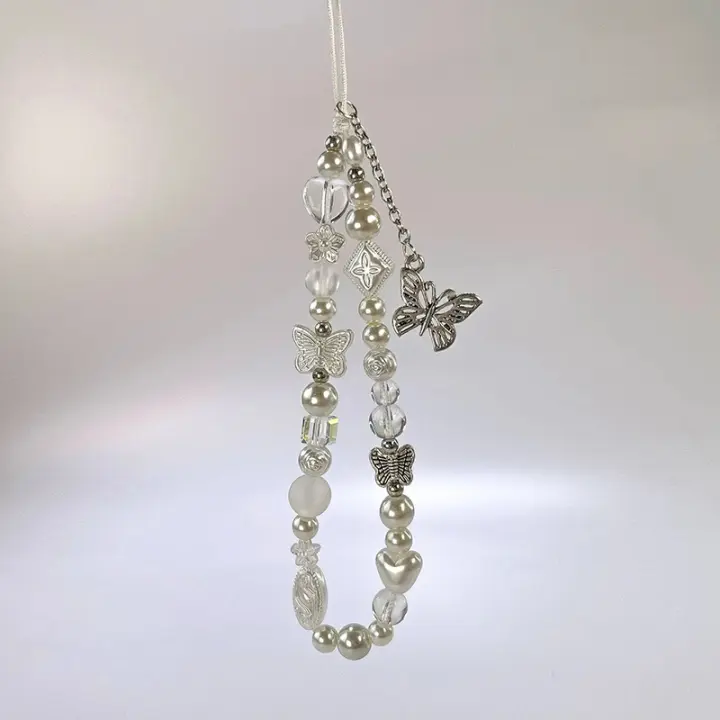 Llavero con cuentas de mariposa plateada para mujer, colgante con cordón para teléfono móvil, accesorios para teléfono móvil - 1