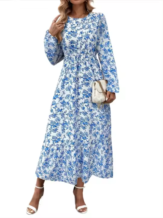 Vestido casual floral elegante cuello redondo con volantes manga larga - 1