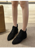 Botas de mujer Otoño e Invierno botas cortas de estilo británico Color sólido gamuza puntiagudas con cordones tacón grueso botas de gran tamaño - details 2