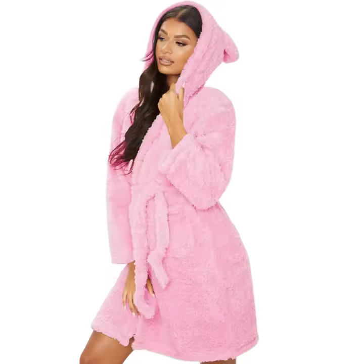 Albornoz informal con capucha para mujer, bata de felpa con cuello en V, chal de manga larga, Kimono cálido, bata de baño de invierno - 1