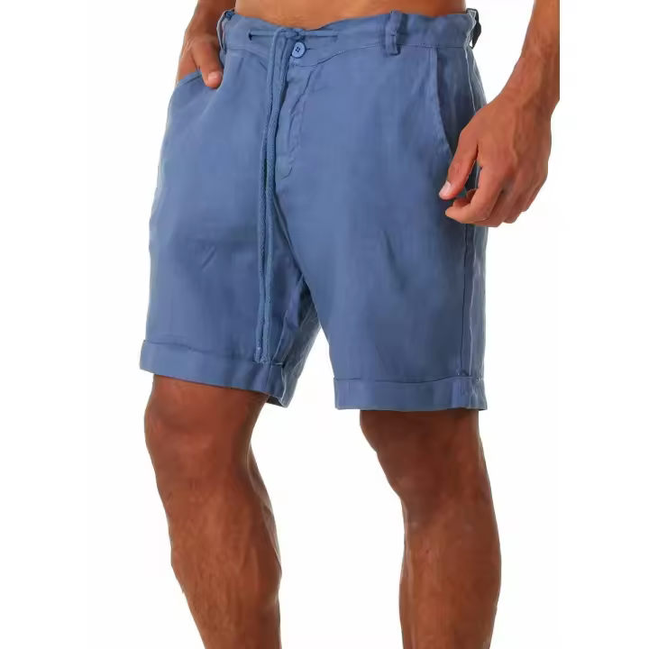 Pantalones cortos de playa de algodón y lino para hombre, pantalones cortos sueltos de verano de moda sólida para hombre - 1