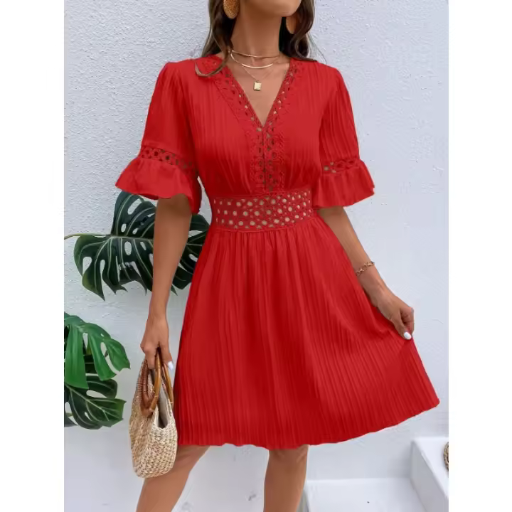Vestido Blanco Puro de Verano Cintura de Encaje con Parche de Moda Cuello en V Manga Corta - 1