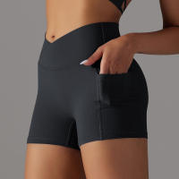 Hamidou-pantalones cortos de gimnasio cruzados para mujer, pantalones cortos de Yoga con bolsillos, mallas de entrenamiento para mujer, pantalones cortos de cintura alta, realce de glúteos - details 6