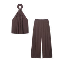 -Conjuntos de pantalones de pierna ancha lisos informales Conjunto de top con cuello colgante de 2 piezas, conjunto elegante para mujer, nuevo en 2025 - details 0