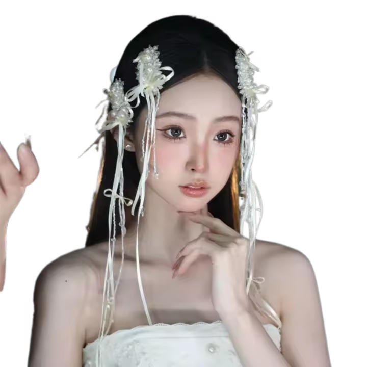 1 par de pinzas para el pelo de novia con estilo coreano, cuentas de perlas blancas, horquilla para novia, tocado de boda con borlas hecho a mano, accesorios para novia - 1