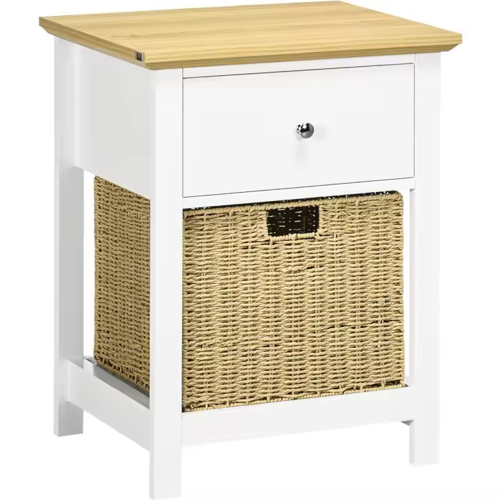 Mesita de Noche Moderno Mesilla de Noche con Cajón de Almacenamiento y Cesta de Ratán Plegable para Salón Dormitorio 49x39x64 cm Blanco y Natural - 1