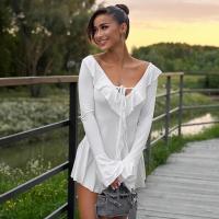 Vestido Blanco Con Volantes Y Cuello En V Profundo Para Mujer, Manga Larga Acampanada, Vestidos Cortos Para Fiesta En La Playa - details 11