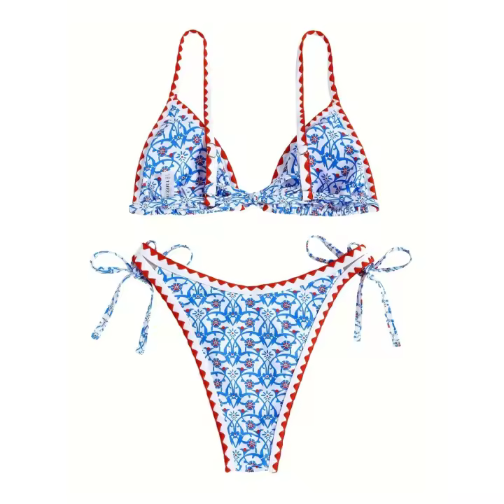 Bikini de 2 Piezas con Estampado Floral Estilo Boho Escote en V con Lazo en la Espalda Descubierta Corte Alto para Mujeres Moda - 1
