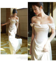 Elegante Vestido de Novia de Sátin Blanco Ajuste Delgado, Cola de Pescado, Temperamento de Lujo Ligero Moda de Mujer - details 6