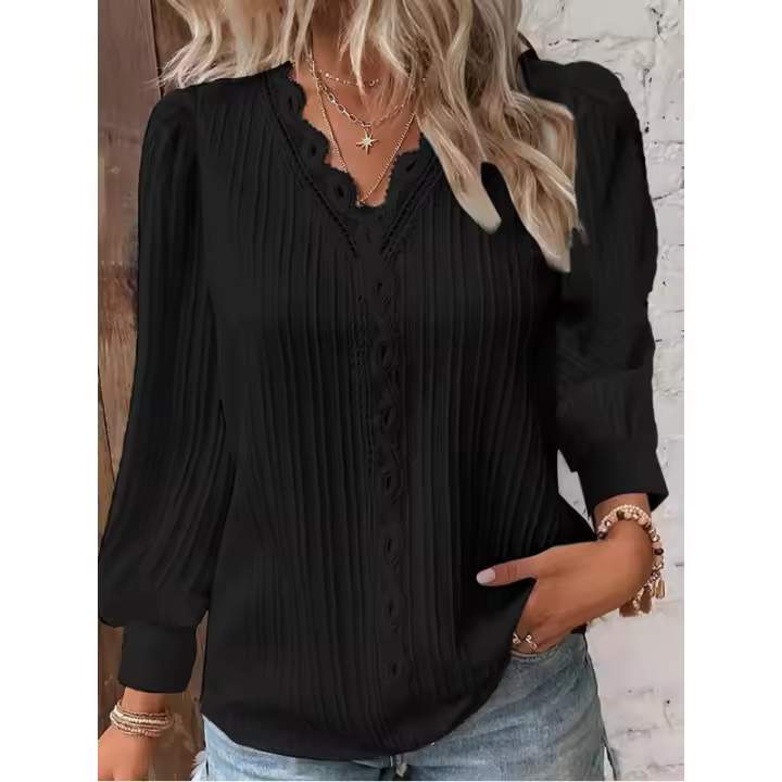 Blusa Elegante De Mujer En Chiffón Negro Con Diseño De Encaje Y Vuelta En El Cuello Simple Manga Flare Tratamiento De Hollow out Para Oficina - 1