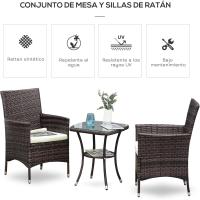 Conjunto de Muebles Ratán para Jardín Formado por 1 Mesa y 2 Sillones con Cojines Estructura de Metal y Ratán Marrón - details 1