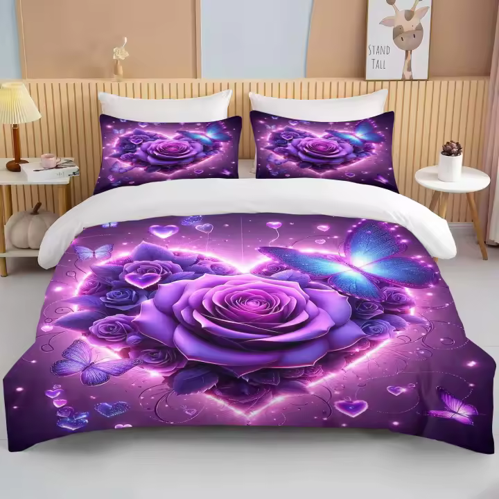 Juego de Ropa de Cama de Lujo con Estampado de Mariposas y Rosas Románticas - 1