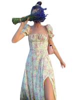 Meihuda Vestido largo de escuela secundaria con estampado de pastizales y manga corta esponjosa, con encaje en el pecho, nuevo - details 1
