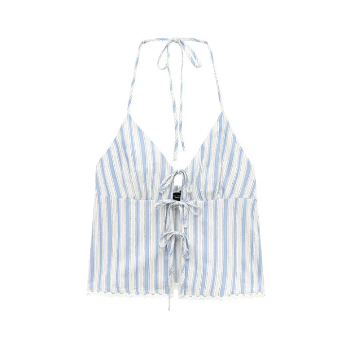 Camiseta Sin Mangas para Mujer OUWU Cuello Halter con Rayas Atadas Espalda Descubierta - 1