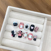 Uñas Postizas Cortas Redondas Hechas a Mano Con Gato Negro Falso De 10 Piezas Para Mujeres Y Niñas Adhesivas Desmontables Para Fiestas - details 0