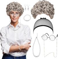 Conjunto de juegos de rol para mujer mayor, traje de escenario Vintage con peluca y gafas, para fiesta de Halloween - details 0