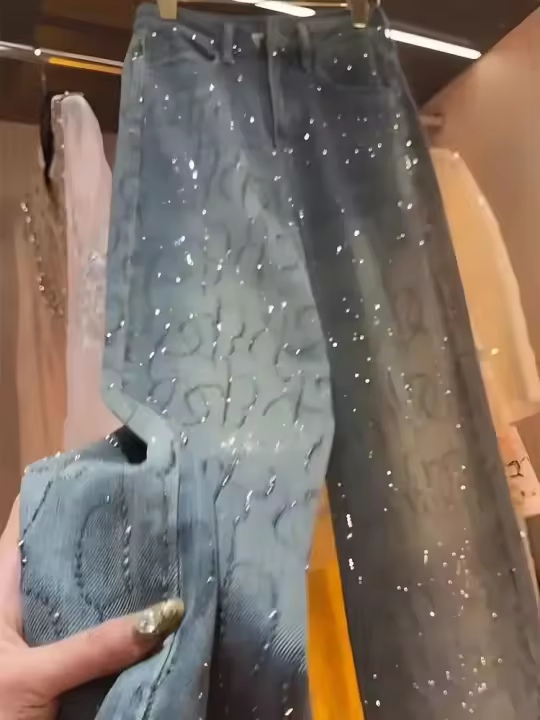 Jeans con Diamantes para Mujer Pantalones Holgados de Cintura Alta con Diamantes de Imitación Azules Ropa de Calle a la Moda - 1