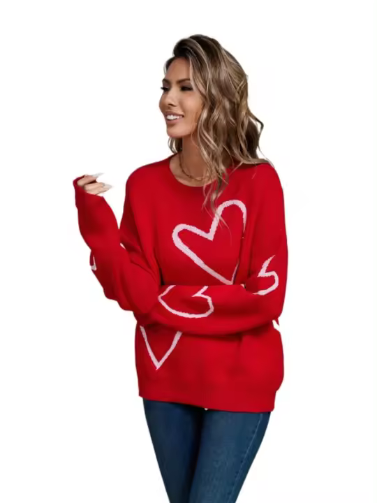 Suéteres de punto para mujer, Jersey holgado con estampado de corazón grande, cuello redondo, manga larga, estilo Harajuku coreano, blanco - 1