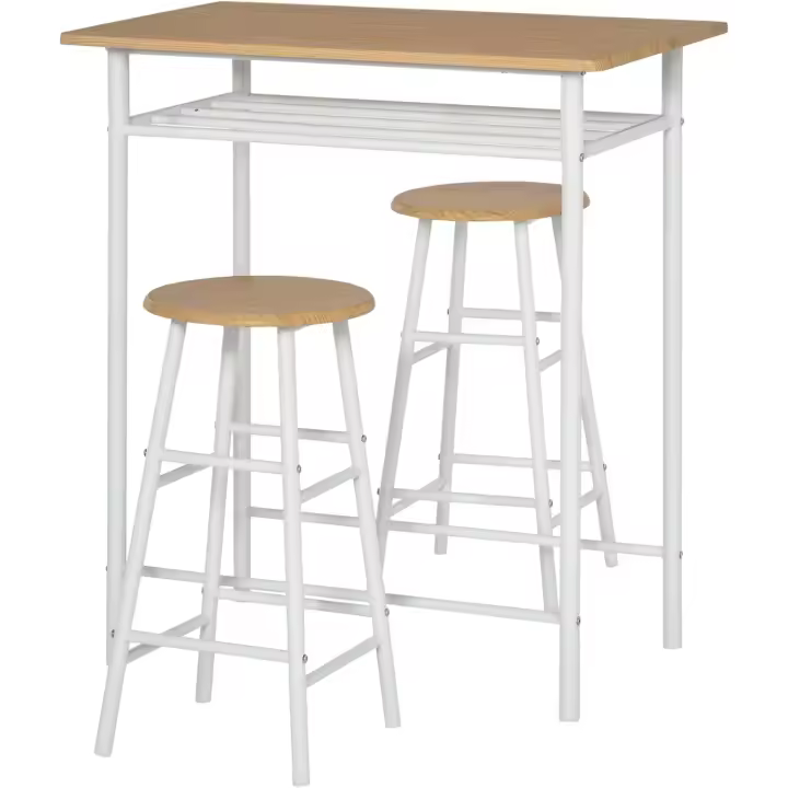 Juego de muebles de bar con mesa alta y 2 taburetes con estante de almacenamiento y marco de metal para cocina comedor 80x50x90 cm - 1