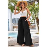 Pantalones de pierna ancha lisos de moda coreana de lino de cintura alta con cinturón - details 2