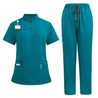 Nueva enfermera mujer pantalón corto Casual ropa de manga Top farmacia trabajo médico Hospital médico uniforme para enfermería cuello alto cremallera - details 7