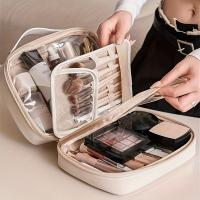 Bolsa de maquillaje de doble capa de cuero PU transparente con cremallera, 1 unidad - details 1