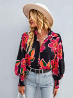 Camisa informal con estampado Vintage para mujer, blusa Retro para mujer, Top de manga larga con solapa y botonadura única, primavera y verano - details 3