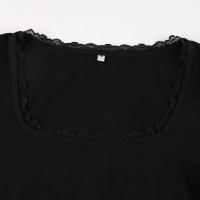 Camiseta corta negra con costuras de encaje Vintage para mujer, camiseta básica ajustada de manga larga, camiseta lisa informal - details 3
