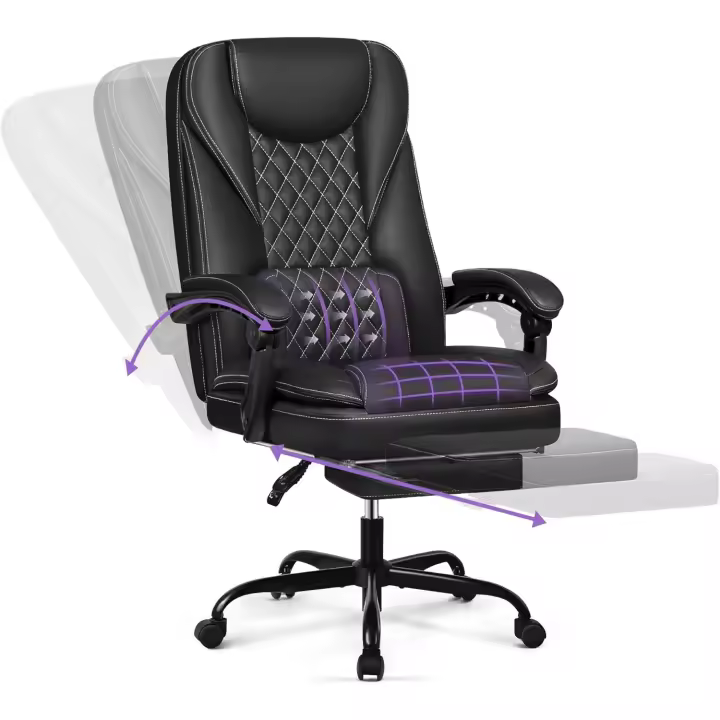 Silla Oficina ergonómica Silla Escritorio hasta 140 ° con Reposapiés Reposacabezas Función Mecedora Silla Giratoria Imitación Cuero, Negro - 1
