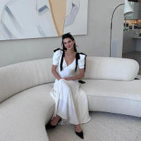 BUNO-Vestido largo con lazo para mujer, prenda de cintura alta, manga corta, elegante, ajustado, para fiesta - details 7