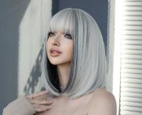Peluca de pelo corto rubio platino con reflejos negros para damas europeas y americanas, cabello liso de moda, fibra química s - details 2