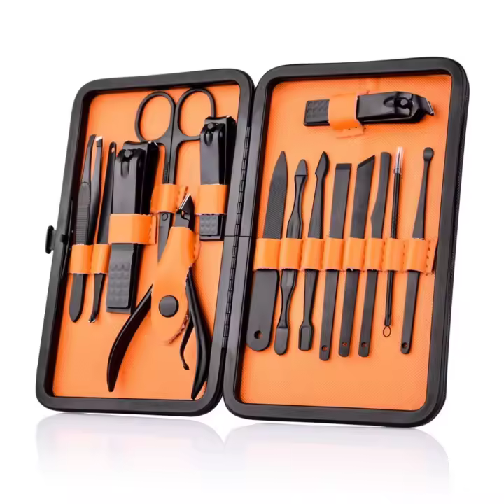 Tijeras Profesionales de Acero Inoxidable para Uñas Kit de Viaje y Aseo Negro/Naranja con Estuche de Lujo (15 Piezas) Herramientas de Manicura y Pedicura - 1