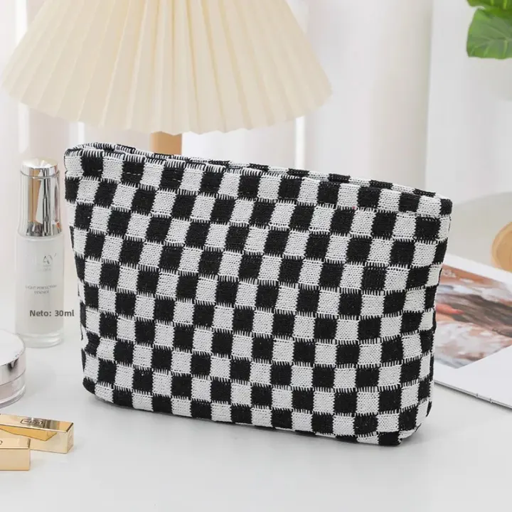Bolso de maquillaje con cuadros, organizador de cosméticos para viajes, bolsa de almacenamiento para mujeres con cierre de cremallera. - 1