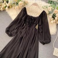 Nuevo modelo de vestido maxi elegante con cuello cuadrado para mujer, gasa lisa con mangas abullonadas, bata de fiesta en la playa, vestidos con volantes vintage - details 13