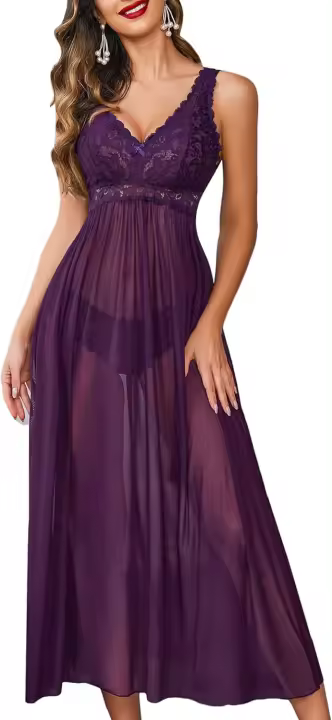 Camisón con cuello en V de malla de pijamas de muñeca de encaje de lencería para mujer - 1