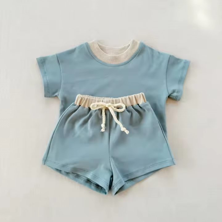 Conjunto de manga corta de color sólido para niños, conjunto de dos piezas de pantalones cortos de algodón sueltos para bebés - 1