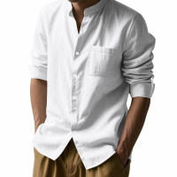 Camisa de lino de primavera y otoño, manga larga, cuello alto, transpirable, pegatina informal, camisa de bolsillo, hombres - details 15
