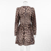 Estampado de leopardo con cuello en V ajustado verano otoño nuevo estampado manga larga vestido corto para mujer elegante - details 9