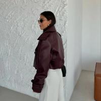 Chaqueta de Cuero Corta de Burgundy Elegante Manga Larga con Abeto Moda de Abrigo de Deportes y al Aire Libre para Mujeres - details 6