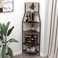 5 pisos de esquina con soporte para cristal y almacenamiento de vino, estantería industrial para vino, armario para cocina, bar, sótano, comedor, vintage, marrón y - details 0