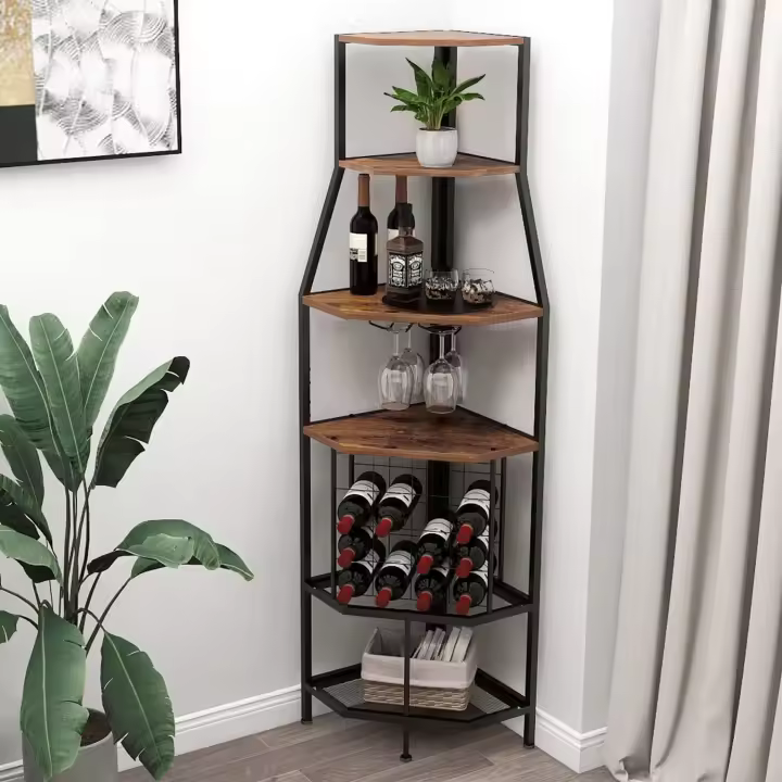 5 pisos de esquina con soporte para cristal y almacenamiento de vino, estantería industrial para vino, armario para cocina, bar, sótano, comedor, vintage, marrón y - 1