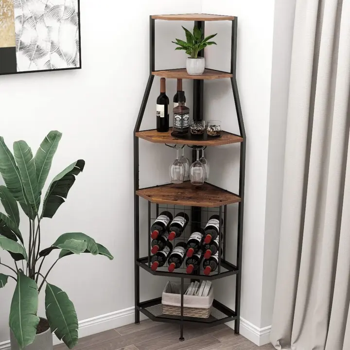 5 pisos de esquina con soporte para cristal y almacenamiento de vino, estantería industrial para vino, armario para cocina, bar, sótano, comedor, vintage, marrón y - 1