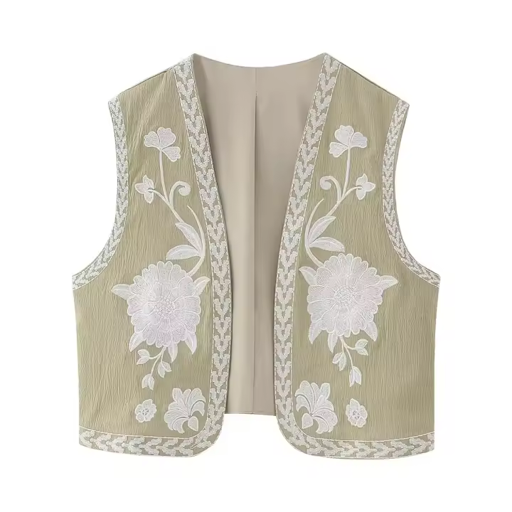 Chaleco Floral bordado Vintage para mujer, chaleco abierto sin mangas, Top corto informal de verano - 1