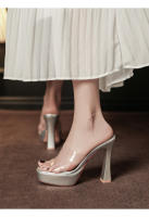 Transparente tacones altos impermeable mesa de una palabra cristal zapatillas frescas tacón grueso hermoso desgaste exterior verano super tacón alto - details 20