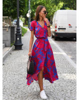 Vestido de manga corta para mujer, estampado de tiras, cuello en V, medio largo - details 2