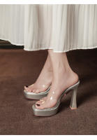 Transparente tacones altos impermeable mesa de una palabra cristal zapatillas frescas tacón grueso hermoso desgaste exterior verano super tacón alto - details 21