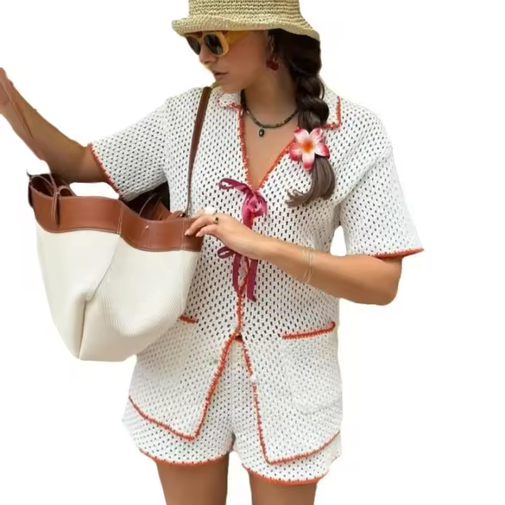 Conjuntos de Camiseta y Pantalón Corto de Manga Media para Mujer Camisetas de Punto con Cuello Redondo, Colores Contrastantes, Perfectos para Vacaciones - 1